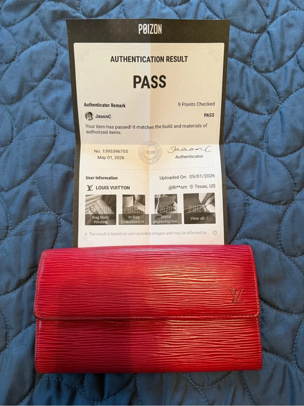 Authentic Louis Vuitton Red Epi Leather Fold Wallet